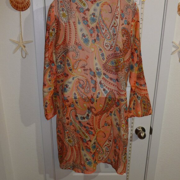 Peachy Paisley Print Sheer 3/4 Sleeve Cover Up Maxi Dress - Picture 11 of 16